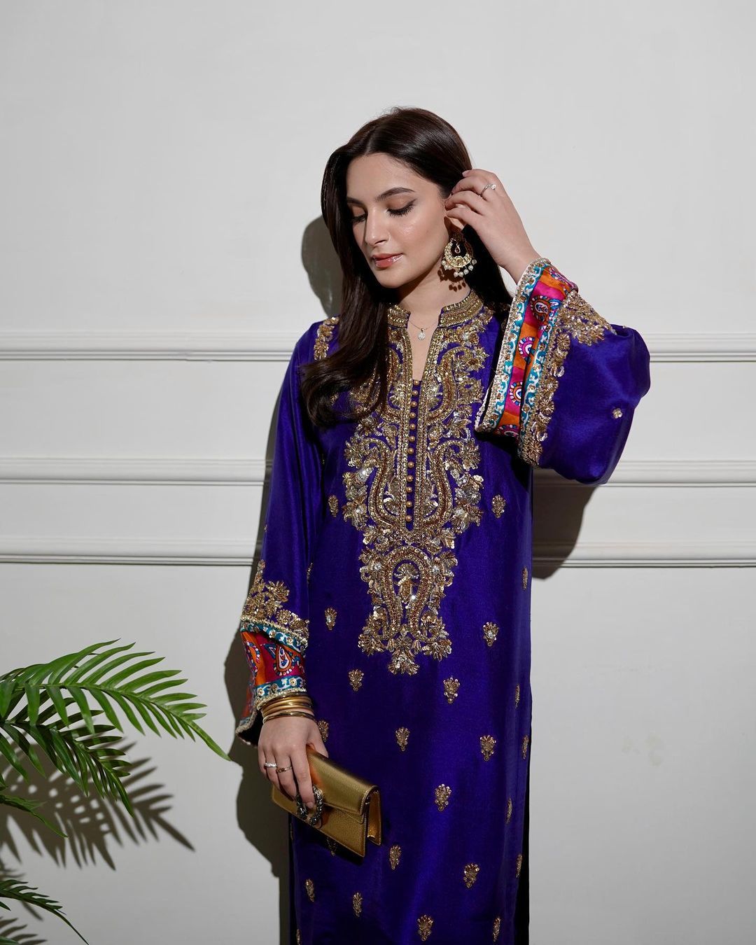 Model Wearing Blue Pakistani Style Embroidered Dress